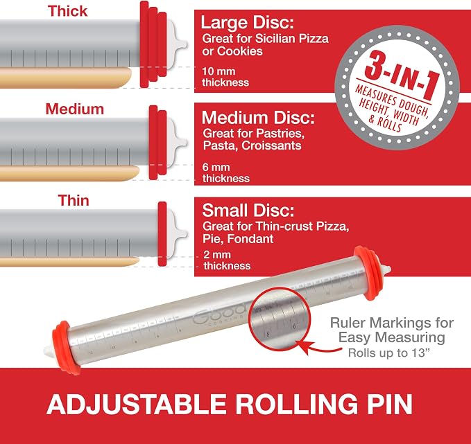 Good Cooking Adjustable XL Rolling Pin with 3 Spacer Rings, 17 Inch Stainless Steel Nonstick French Pastry Roller for Dough, Cookies, Pie Crust, Pizza, Fondant, Baking and Kitchen Prep