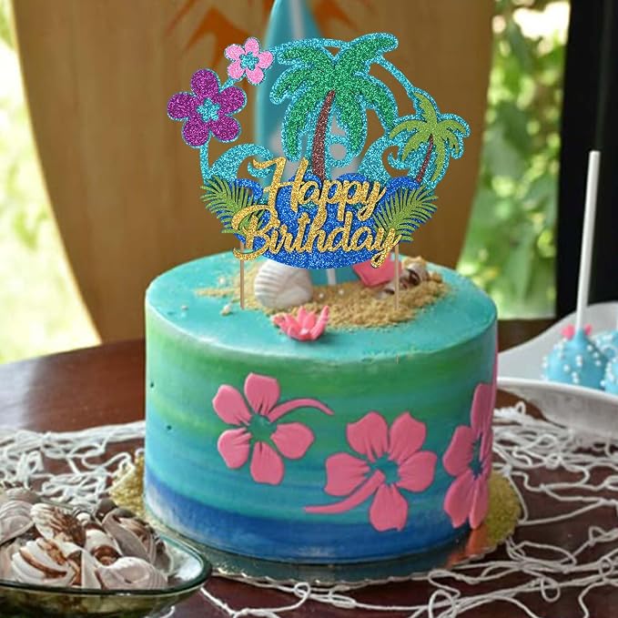 Wootkey Glitter Hawaii Happy Birthday Cake Topper Palm Tree Summer Flower Ocean Hawaiian Cake Decorations Luau Theme Party Supplies