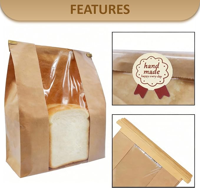 50 Pack Large Paper Bread Bags with Window & Tin Tie Tab Lock – Sourdough Bread Bags for Homemade Baking – Bakery Packaging for Gifting & Bake Sales 13.73" x 8.27" x 3.54"