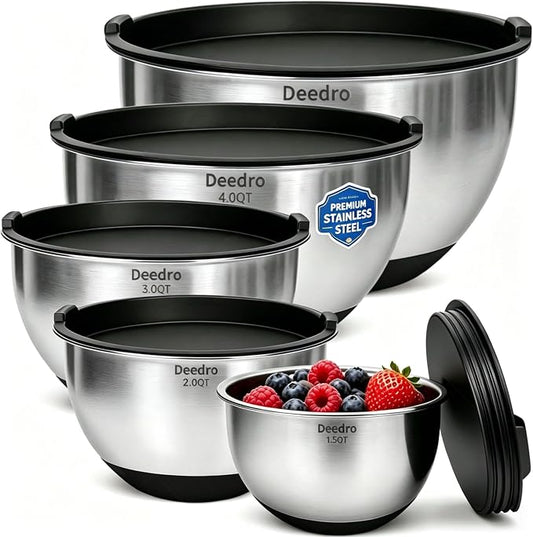 Deedro Mixing Bowls with Airtight Lids, 22Pcs Stainless Steel Mixing Bowls Set, Nesting Bowls with Non-Slip Silicone Base, thicker Metal Bowls for Baking & Prepping, 1.5/2/3/4/5 QT, Black
