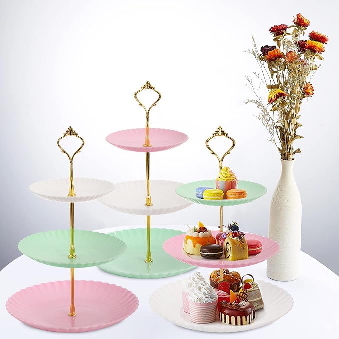 Tosnail 3 Pack 3 Tiers Plastic Cupcake Stand, Round Dessert Stand, Tiered Serving Trays with Gold Rod, Party Serving Trays, Fruit Pastry Holders for Wedding and Party - Assorted 3 Colors