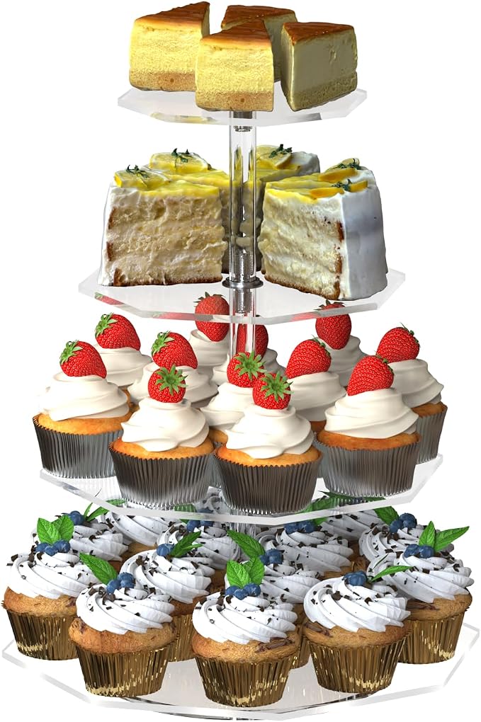 4-Tier Rotating Cupcake Stand, Clear Acrylic 360° Spinning Dessert Display Tower for Cakes & Pastries, Serving Stand for Weddings, Birthdays, Parties-Polygon