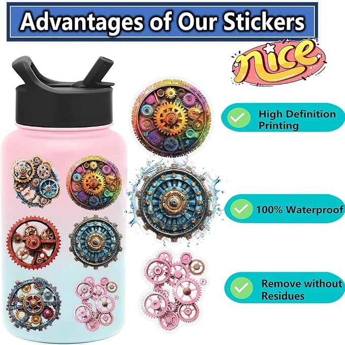 50 Pcs Vintage Mechanical Gears PET Aesthetic Stickers | Scrapbooking, Vintage Gear Wheel, Colorful, Clear, Journaling Craft Art Decals