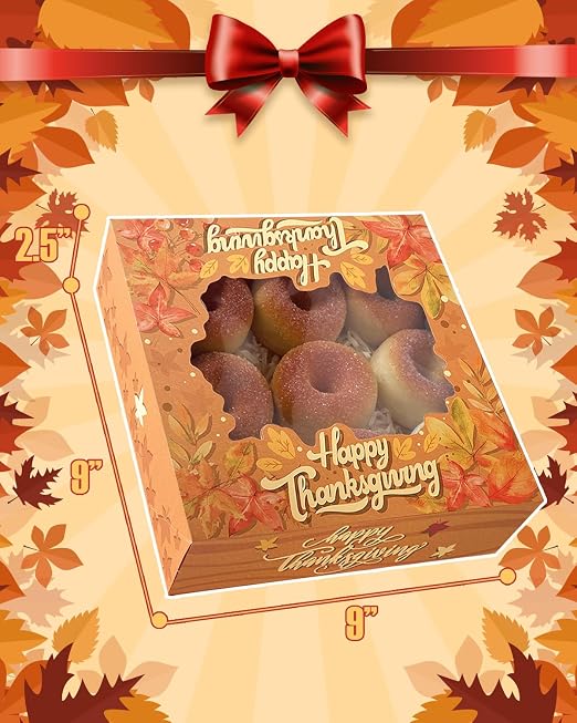 Bakepacker Fall Thanksgiving Treat Boxes with Window Cookie Boxes 30pcs Leaves Pie Boxes 9x9x2.5 inches Easy Assemble Macaroon Bakery Boxes for Party Supplies (Auto-pop Up)