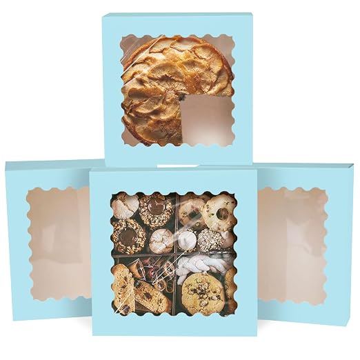 qiqee Auto-pop Up Light Blue Pastry Box With Window 8x8x2.5 Inch Donut Pie Boxes 30pcs Bakery Box
