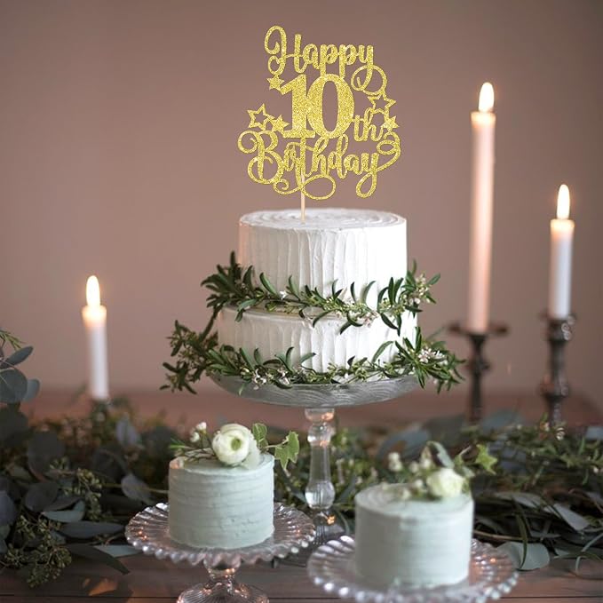 1 PCS Happy 10th Birthday Cake Topper Glitter Cheers to 10 Years Birthday Cake Pick Hello 10 Fabulous Cake Decoration for Happy 10th Birthday Anniversary Party Decorations Supplies Gold