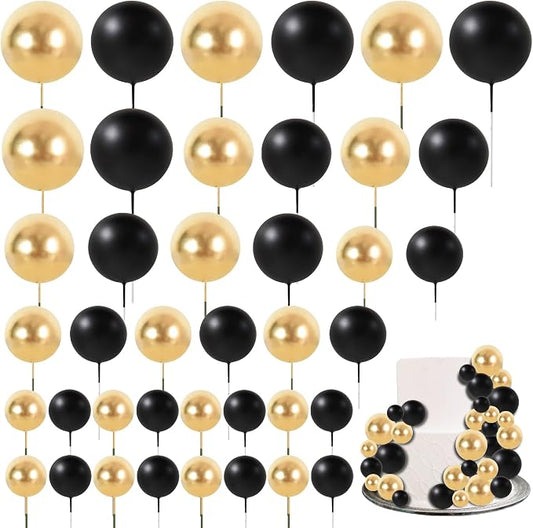 BEISHIDA 40 Pcs Ball Cake Toppers Mini Balls Cake Decorations Black Gold Foam Balls Sticks DIY Cake Topper for Congrats Grade 2026 Graduation Men Birthday New Year Retirement Party Decorations
