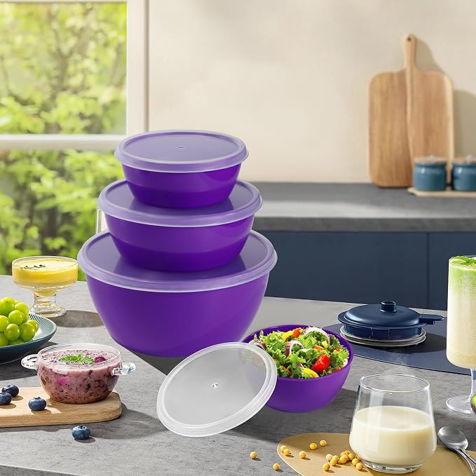 Set of 4 Plastic Prep Bowls with Lids，Microwave and Dishwasher Safe,Ideal for Baking, Prepping, Cooking and Serving Food (Purple)