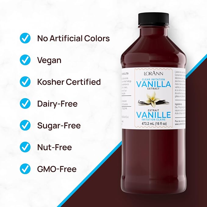 LorAnn Clear Imitation Vanilla Extract 16 Ounce (480ml) - Kosher, Vegan, Sugar-Free, No Corn Syrup, Perfect for Frostings, Cakes, Cookies, Pastries, Economical, Rich, Creamy Flavor, Non-Discoloring