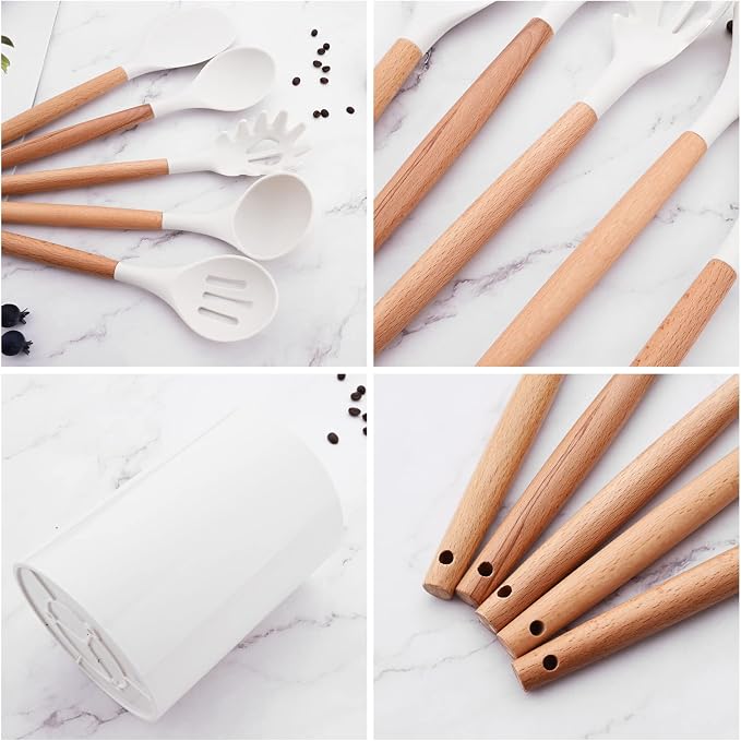 1pc White Silicone Solid Tuner with Wooden Handle, Heat Resistant Cooking Utensils, Ideal Cookware for Fring Fish, Eggs, Meat, French Fries