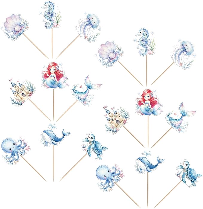36 PCS Ocean Animal Cupcake Toppers Turtles Octopus Seahorse Seashell Mermaid Cupcake Picks Under the Sea Baby Shower Decorations for Under the Sea Theme Baby Shower Birthday Cake Decorations Supplies