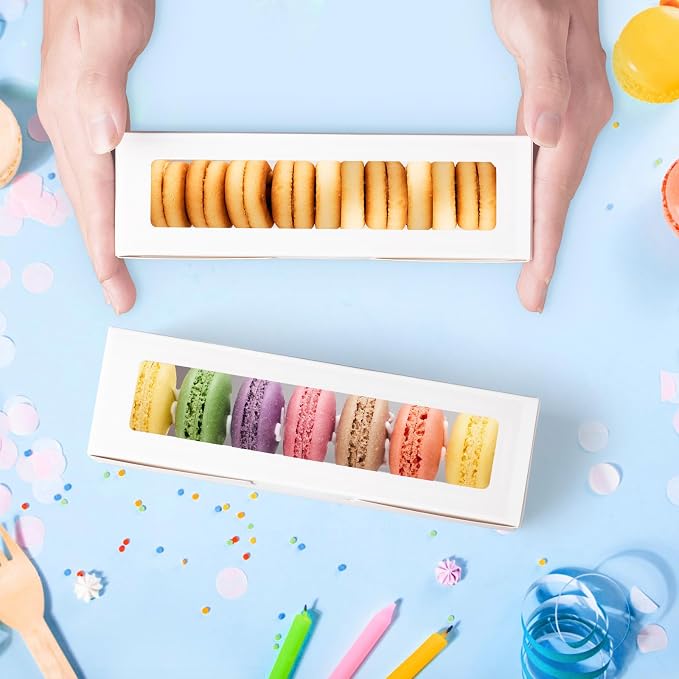 50 Pack Macaron Boxes with Window - 7.3x2x2 in Macaron Packaging Containers Holds 6-8 pcs, Small Cookie, Candy and Truffle Boxes for Gift Giving