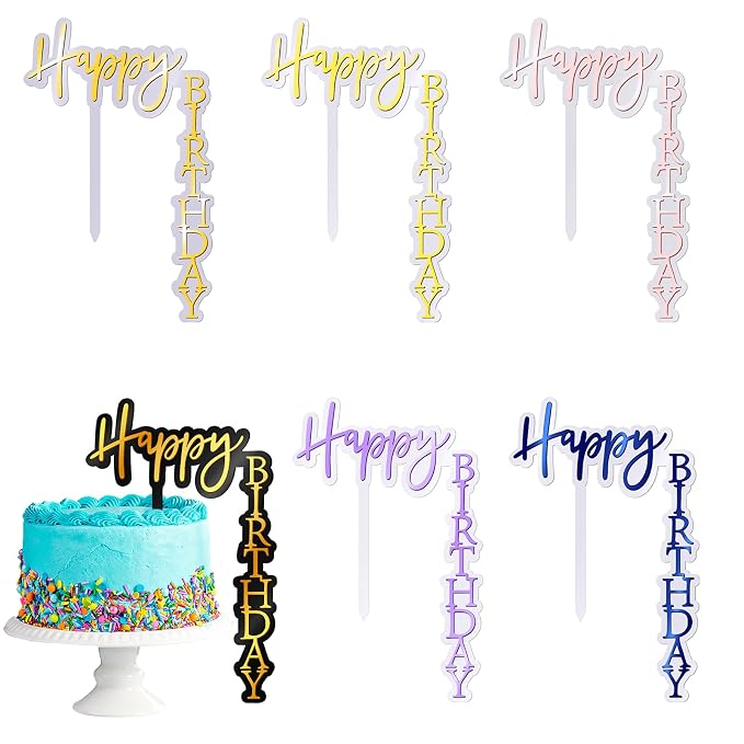 6 Pieces Acrylic Happy Birthday Cake Toppers Decoration Right Angled Shape Vertical Cake Pick Decor Party Supplies for Adults Friends