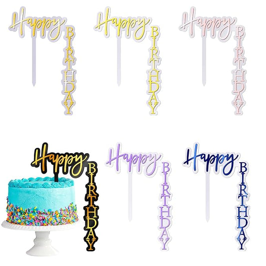6 Pieces Acrylic Happy Birthday Cake Toppers Decoration Right Angled Shape Vertical Cake Pick Decor Party Supplies for Adults Friends