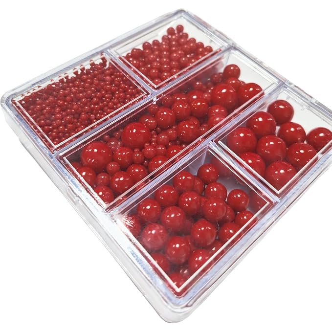 Edible Red Pearl Sprinkles for Cake Decorating, Mixing 4 Sizes Sugar Cupcake, Ice Cream, Donuts, Macaron Toppings Supplies 90g/ 3.17oz