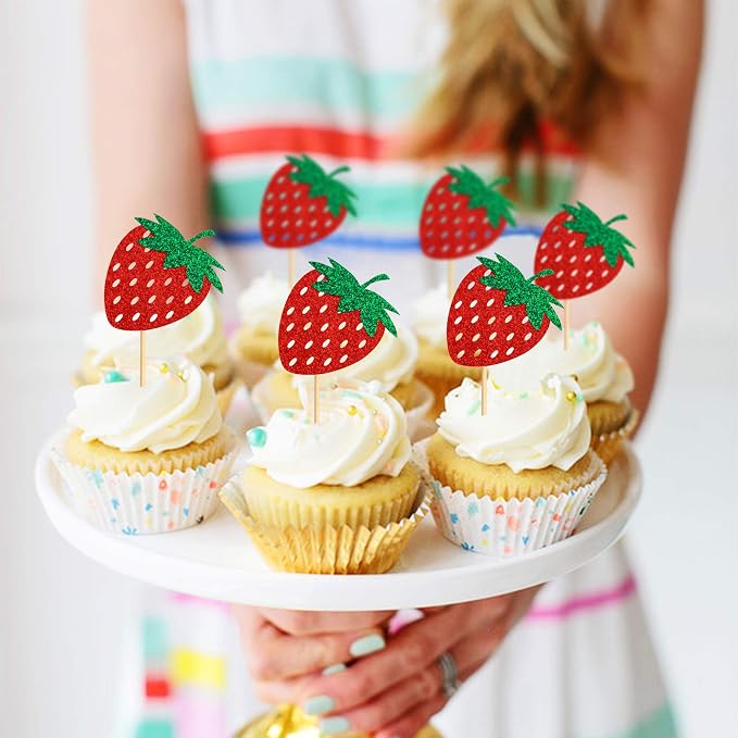 36Pcs Glitter Red Strawberry Cupcake Toppers Red Strawberries Cupcake Picks for Berry Strawberry Baby Shower Kids Boys Girls Birthday Sweet Fruit Party Bridal Shower Wedding Cake Decorations