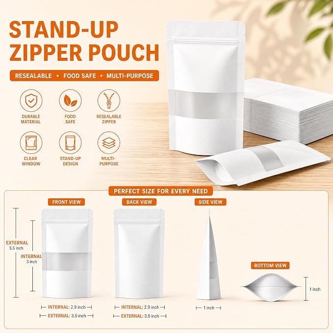 100 Pcs White Kraft Paper Bags with Window, 3.5" x 5.5" Stand Up Pouches Bags, Food Storage Bags for Packaging Products, Reusable, Sealable