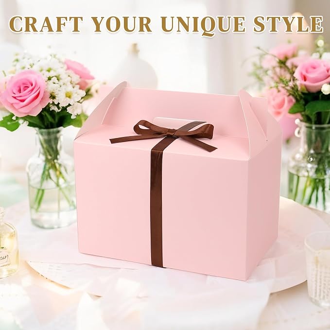 TryDrem 50 Pack Large Gable Boxes with Handles, 9x6x6 Inch Spacious Capacity Party Favor Boxes, Pink Treat Box for Gifts, Bread, Cookies, Lunch, Bakery, Wedding, Birthday, Picnic
