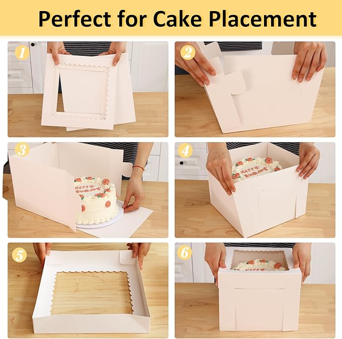 Moretoes 12pcs Cake Boxes, 10x10x8 Inches Tall Cake Carriers with Window, Square Bakery Box with Lids for Donuts, Pies, Cookies, Wedding, Birthday (White)
