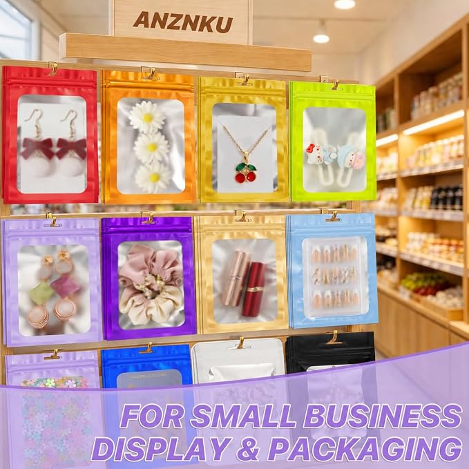 ANZNKU 100 Pack Lavender Purple Resealable Mylar Bags with Frosted Clear Window 6.29x9.44", Smell Proof Foil Pouch Bag forJewelry Candy Storage Supplies, Sealable Packaging Bags for Small Business
