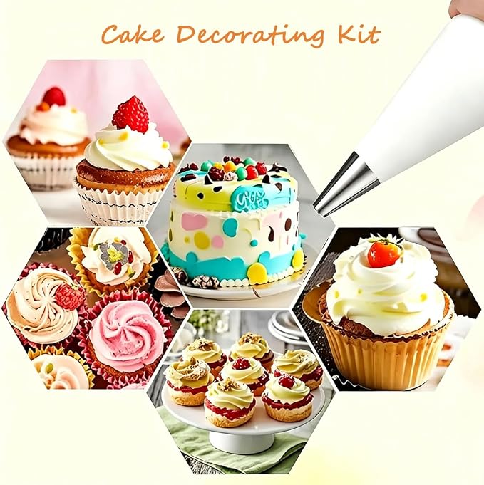 KINGYEENUO Piping Bags and Tips Set, Reusable Cake Decorating Supplies | 16 Inch Cotton Pastry Bags with Stainless Steel Icing Nozzles, Leak-Proof Cake Kit for Cupcakes, Cookies, (Dishwasher Safe)