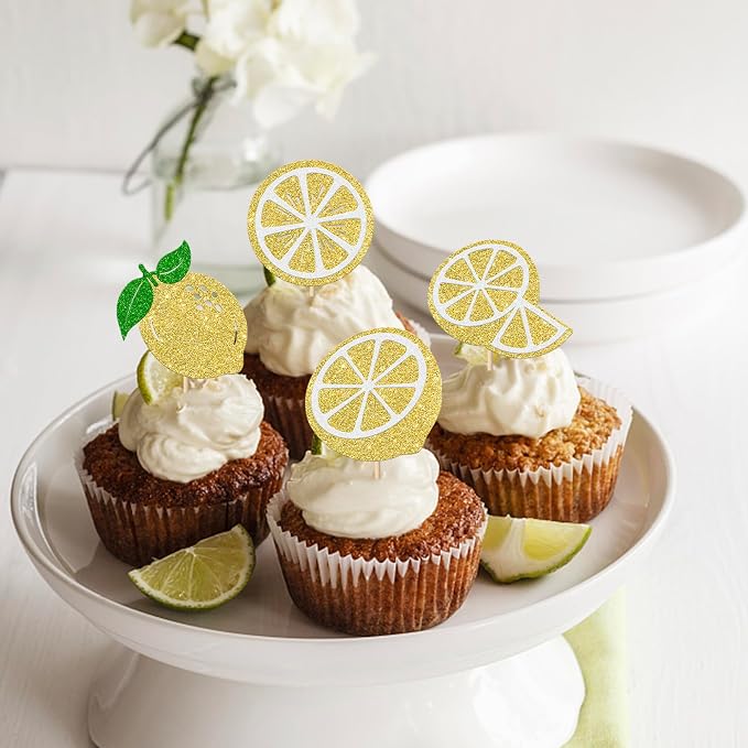 Rsstarxi 24 Pack Yellow Lemon Cupcake Toppers Glitter Fruit Lemon Cupcake Picks for Baby Shower Birthday Anniversary Party Cake Decorations Supplies