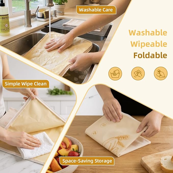 2 Pack XL Reusable Beeswax Bread Bags with Zipper, Organic Linen Cotton Sourdough Bread Storage Bags (13 x 17 in), Moisture Lock, Includes Metal Measuring Spoon, Ideal for Baking, Kitchen & Travel