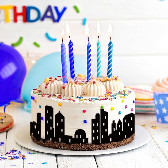 6Pcs City Cake Border Decoration Black City Building Birthday Cake Decoration Toppers Stick On or Lay On Toppers Birthday Decor Accessories for Party Lighted City Backdrop