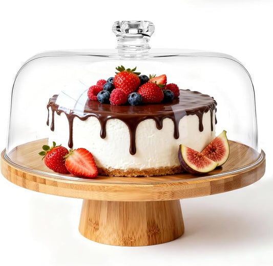 Masthome Bamboo Cake Stand with Acrylic Dome Lid, 6-in-1 Multi Functional Serving Platter & Dessert Display Stand,Charcuterie Board,Fruit Tray,Dip Bowl,Serving Platter for Wedding,Christmas Party