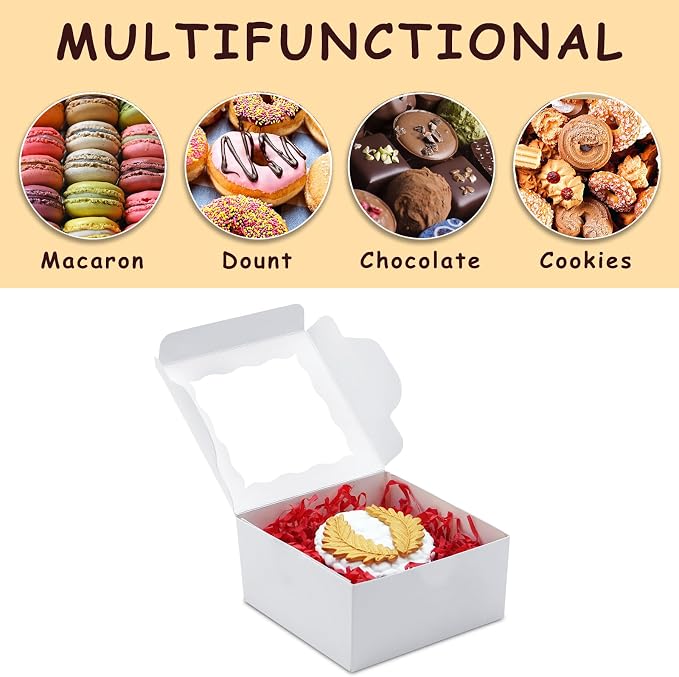 XINHPKGG 100pcs Cookie Boxes 4x4x2 Inch Bakery Boxes with Window Dessert Treat Box Chocolate Covered Strawberries Box for Wedding Party Birthday