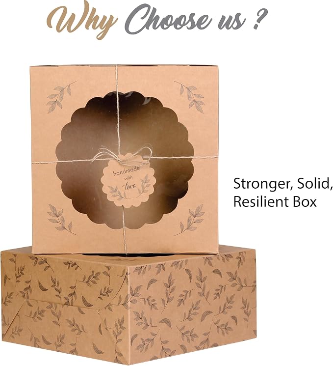 Kraft Cake Boxes with Window (10pcs) - Brown Bakery Boxes for Cakes, Donuts, Pie, Cookies, Cupcakes, Chocolates, Desserts: Size 10x10x5 Inches