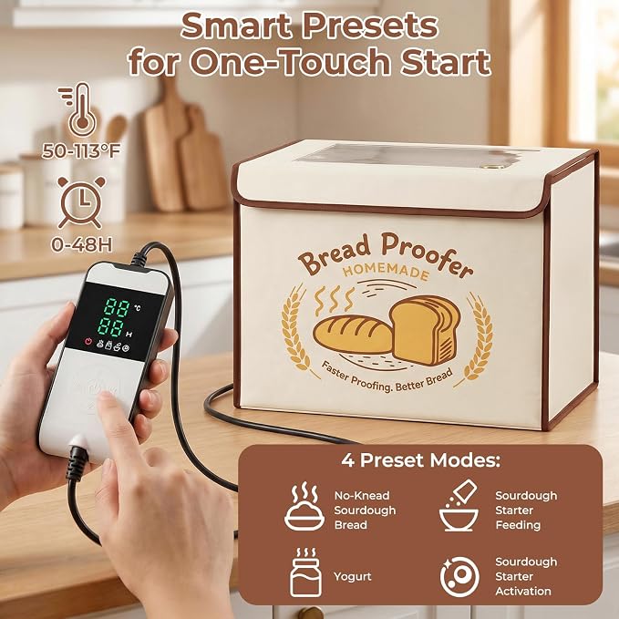 Extra Large Folding Bread Proofing Box with 50-113℉ Temp Control & 48H Timer, Dough Proofer with Hygrometer, Metal Rack, Sourdough Starter Warmer Sourdough Proofer Box for Making Bread, Pizza, Yogurt