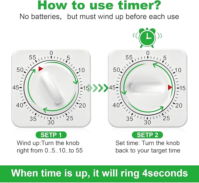Large Size 60 Minute Mechanical Kitchen Timer - Visual Wind Up Timer Clock with Loud Alarm - No Batteries Required-Magnetic Backing, Timer for Classroom, Home, Study and Cooking (White)