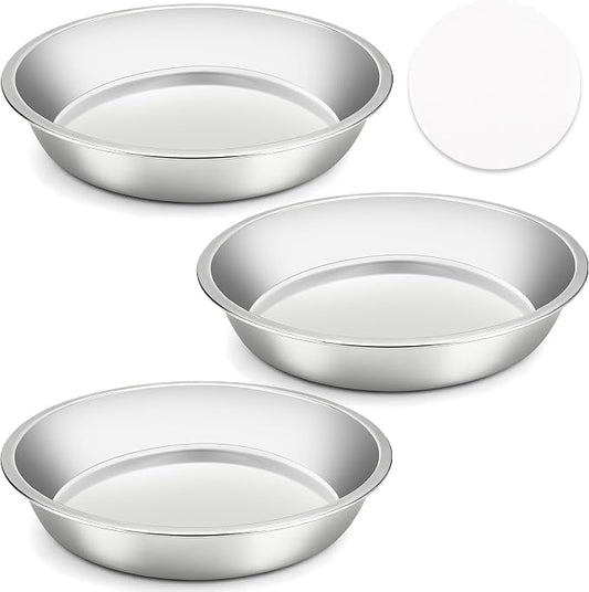 Cake Pan Set of 3-8 Inch Stainless Steel Cake Pans with 100 Parchment Paper, Nonstick, Mirror Finish for Easy Release, Even Baking, Dishwasher Safe, Round Cake Pans for Birthday, Banquet