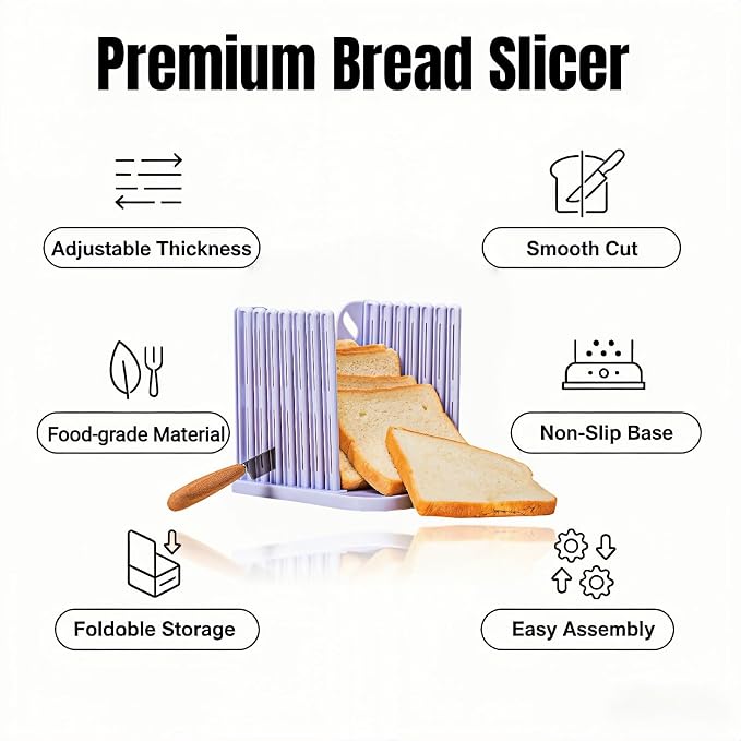 Adjustable Bread Slicer for Homemade Toast - 4 Thickness Settings Foldable Bread Cutting Guide with Crumb Tray, Food Grade ABS Kitchen Baking Tool for Bread, Cheese, Fruits & Vegetables