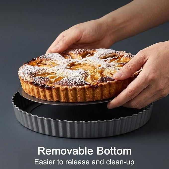 11 Inch Tart Pan with Removable Bottom, Non-Stick Pie Pan for Baking, Carbon Steel Quiche Baking Dish for Mousse Cakes, Fruit Desserts (Set of 4)