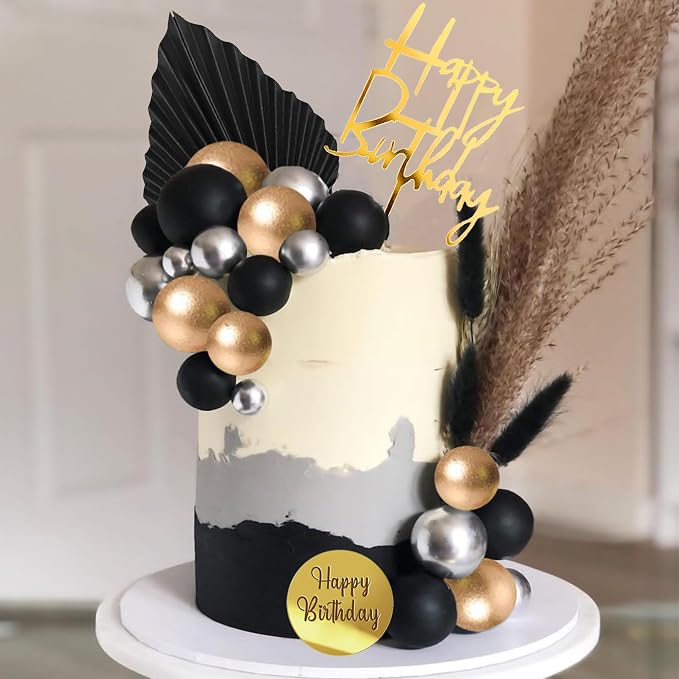Man Cake Toppers Happy Birthday Cake Topper Black Gold Balls Cake Decorations for Birthday Wedding Baby Shower Party Decorationn