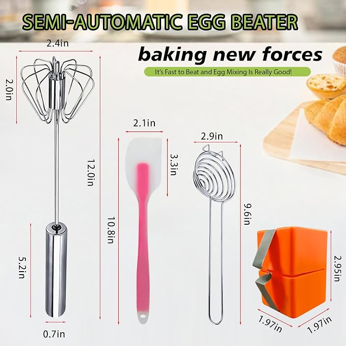 Semi-automatic Whisk, Stainless Steel Egg Whisk, Hand Mixer Egg Beater, Egg Spinner, Wisking Tool, Hand Push Mixer Stirrer for Blending, Whisking, Beating & Stirring (12in)