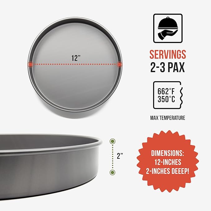 Chef Pomodoro Chicago Deep Dish Pizza Pan, 12 Inch Hard Anodized Aluminum | Pre-Seasoned Nonstick Pizza Pan for Oven, Great for Casseroles, Pies & Deep Dish Desserts, Heavy Duty Round Bakeware