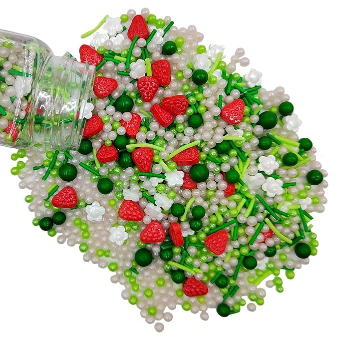 Edible Strawberry Sprinkles for Cake Decorating, Edible White Flower Sprinkle Strawberry Shortcake Baby Shower Decorations Sprinkles Cookie Decorations Cupcake Toppers Ice Cream Donut Decoration