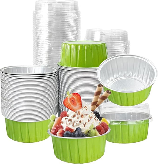 100Pcs Aluminum Cups with Lids,5oz Disposable Ramekin Baking Cups Muffin Liners Mini Pie Pans Foil Cupcake Containers for Christmas Party Wedding Party,Grass Green