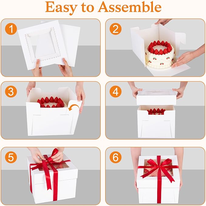 Sudaya 10x10x8 Cake Boxes with Boards, Cake Boxes 10 inch with Tall Cakes Boards Ribbon Stickers, 10in Disposable Carry Bakery Containers Cajas Para Pasteles for Pies Party Wedding Gift Giving