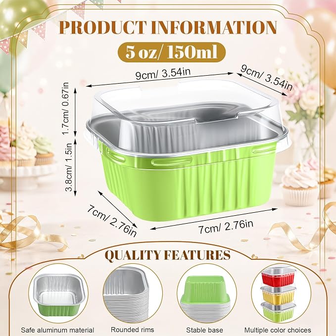 200 Pack Christmas Mini Cake Pans with Lid, 5 oz Red Green Gold Aluminum Foil Mini Baking Tins, Square Disposable Cupcake Baking Cup Dessert Container for Xmas Holiday Party Favor Supplies