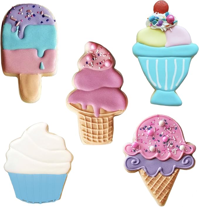 Ice Cream and Sweets Birthday Cookie Cutter 5-Pc Set Made in USA by Ann Clark, Ice Cream Cone, Soft Serve Cone, Popsicle, Ice Cream Sundae
