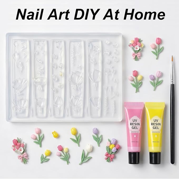 Tulip Flower Nail Art Silicone Mold, 3D Bouquet & Floral Stem Nail Charms Mold, Flexible Reusable Silicone Mold for Acrylic Gel Resin Nail Decoration, DIY Nail Accessories