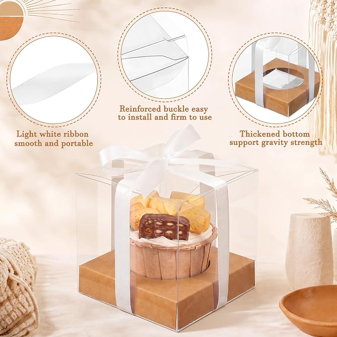 Thenshop 50 Pcs Clear Cupcake Boxes Individual 3.5 Inch Plastic Single Cupcake Containers Boxes with Inserts and Ribbon Individual Cake Storage Holders for Cake Kitchen (Kraft)