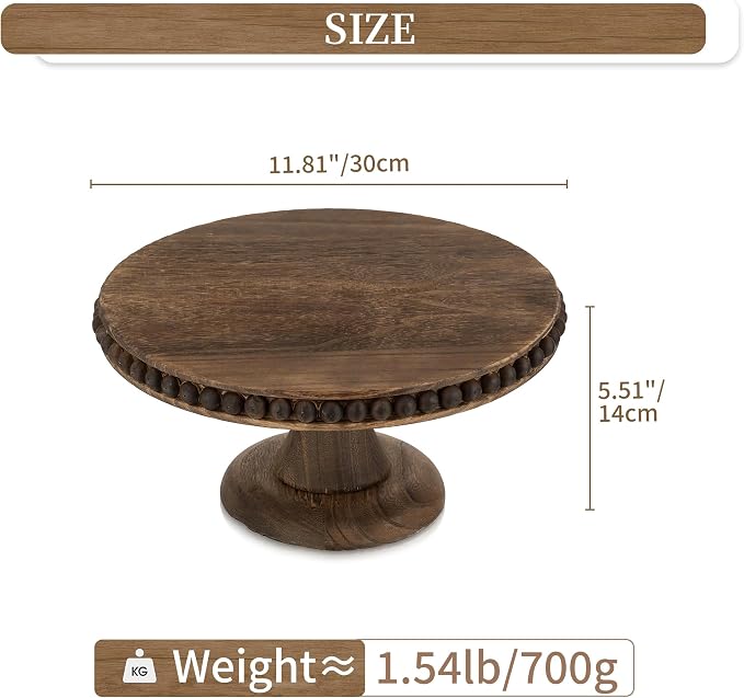 Hanobe Round Wood Cake Stand: Cupcake Pedestal Stand 12 inch Dessert Display Riser Distressed Rustic Cakes Holder Tray Vintage Beads Wooden Plate for Christmas Wedding Birthday Decor