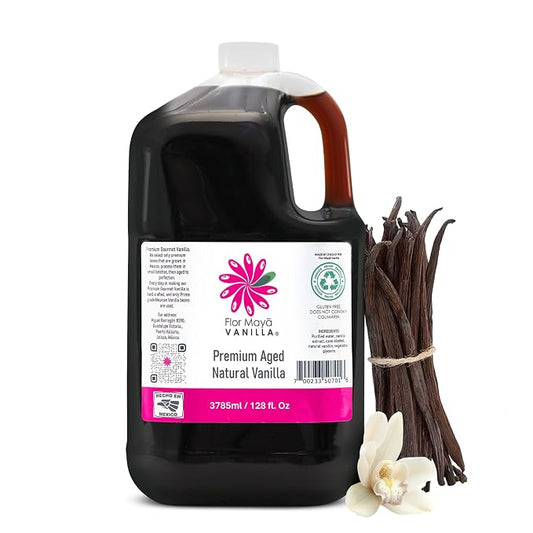 Flor Maya Vanilla Extract – Premium Aged Blend Made with Mexican Vanilla Beans | Gourmet Vanilla Bean Extract for Baking, Cooking & Desserts | Gluten Free, Non-GMO, No Coumarin | 128 fl oz