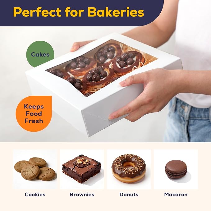 [25 Pack] Bakery / Pie Box with Window 10x10x2.5" - White Cardboard Packaging for Cupcake, Cookies and Pastry, Restaurant Containers And Personalized Favors