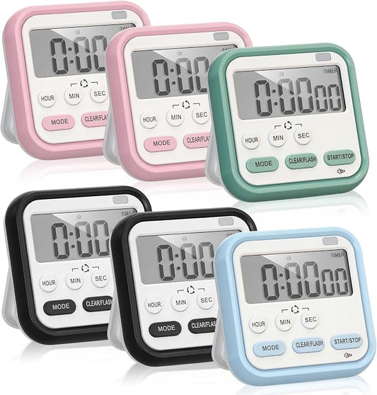 Leumoi 6 Pcs Digital Kitchen Timer 24 Hour Clock and Alarm Function Timer On/Off Switch Minute Second Count up Countdown Loud Alarm for Exercise Cook Baking(Black, Pink, Blue, Green)